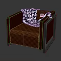 Diamond Tufted Red Single Sofa With Dark Frame And Blue White Checkered Blanket