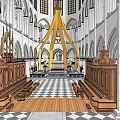Grand Church Interior Featuring Arched Architecture Wooden Benches And Checkerboard Floor