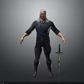 White Haired Warrior Character Wearing Dark Blue Shirt And Black Tight Pants With Sword