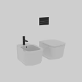 Modern White Wall Mounted Toilet With Matching Bidet Against Gray Wall And Wooden Floor