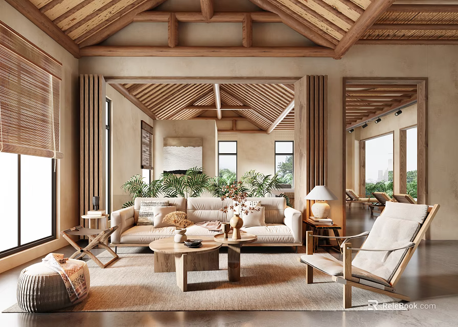 Modern Hotel Public Lounge Area With Wooden Ceiling Sofa Armchair And Green Plants 3d model 
