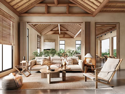 Modern Hotel Public Lounge Area With Wooden Ceiling Sofa Armchair And Green Plants 3d model