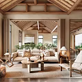 Modern Hotel Public Lounge Area With Wooden Ceiling Sofa Armchair And Green Plants