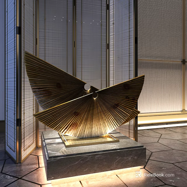 Modern Elegant Golden Wing Shaped Decorative Ornament Set With Marble Base And Woven Screen Background 3d model 