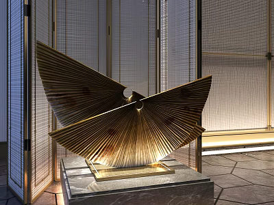 Modern Elegant Golden Wing Shaped Decorative Ornament Set With Marble Base And Woven Screen Background 3d model