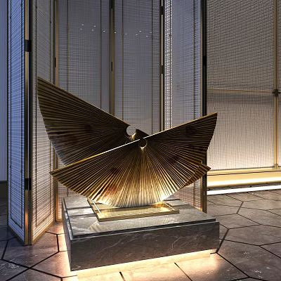 Modern Elegant Golden Wing Shaped Decorative Ornament Set With Marble Base And Woven Screen Background 3d model