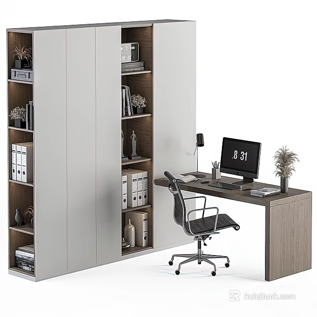 Modern Wooden Office Desk With Ergonomic Rolling Chair Computer Monitor Desk Lamp And Bookshelf 3d model 