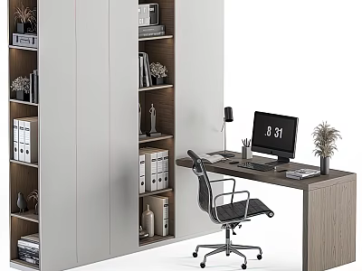 Modern Wooden Office Desk With Ergonomic Rolling Chair Computer Monitor Desk Lamp And Bookshelf 3d model
