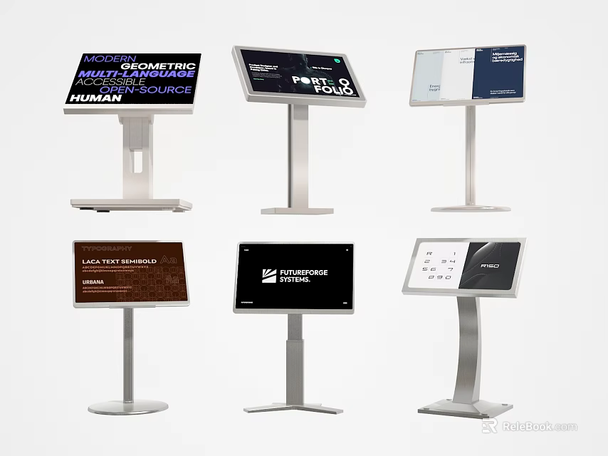 Different Designed Information Kiosks With Digital Display Screens And Metal Stands 3d model 