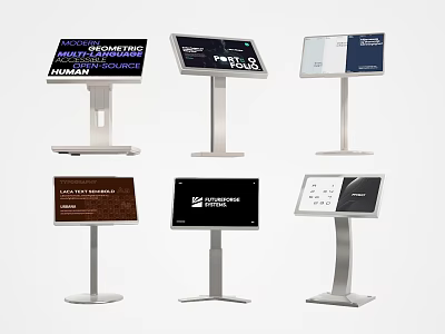 Different Designed Information Kiosks With Digital Display Screens And Metal Stands 3d model