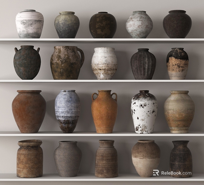 Vintage Ceramic Vessels Displayed On Multiple Shelves With Diverse Colors And Textures 3d model 