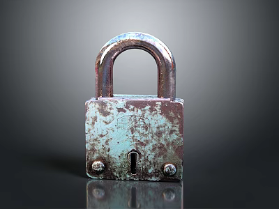 Vintage Rusty Iron Padlock With Weathered Surface And Reflective Base 3d model
