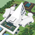 Triangular Sales Office Building With Modern Glass Facade Front Water Feature And Greenery