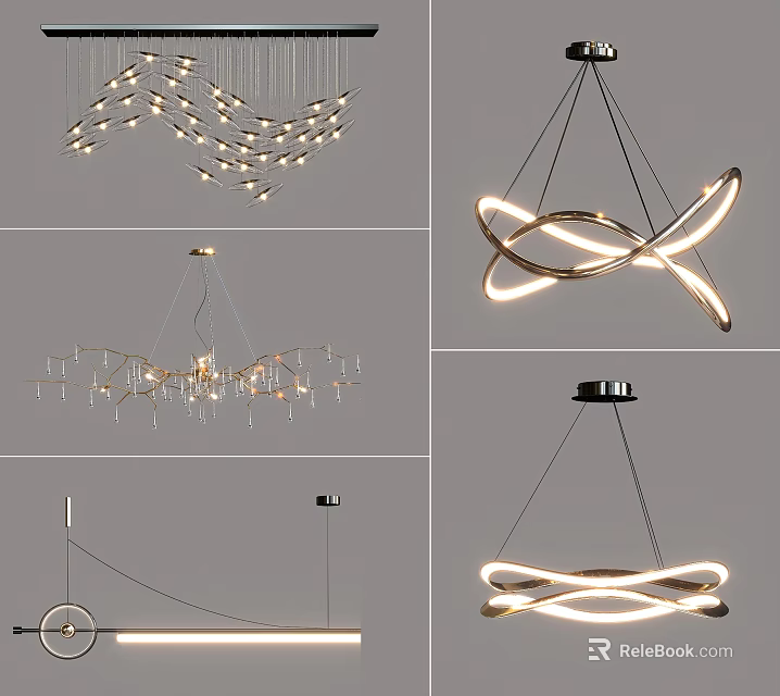 Modern Pendant Light Designs With Curved Metal Frames And Illuminated LED Strips 3d model 