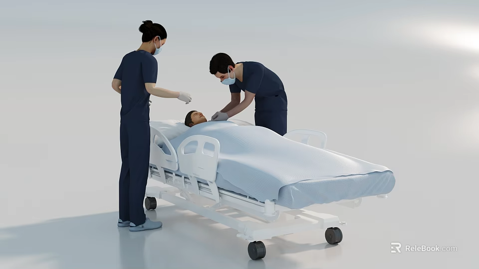 Two Medical Staff Caring for Patient on Hospital Bed in Clinical Scene 3d model 