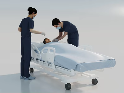 Two Medical Staff Caring for Patient on Hospital Bed in Clinical Scene 3d model