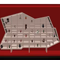 White Display Cabinet with Irregular Shelves Showcasing Small Figurines Against Red Background and Lit Compartments