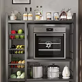 Modern Kitchen Shelf Organizer With Microwave Toaster Fruits Bottles And Mugs