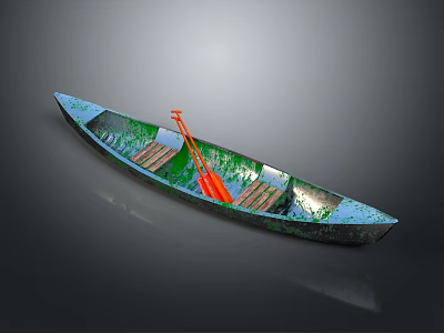Blue Green Canoe Watercraft Design With Wooden Seats And Orange Paddles 3d model