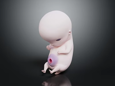 White Baby Figure In Curled Posture With Purple Abdomen On Dark Reflective Surface 3d model