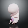 White Baby Figure In Curled Posture With Purple Abdomen On Dark Reflective Surface