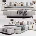 Modern Double Bed With Comfortable Pillows Bedside Tables Bench And Decorative Blanket 3d model
