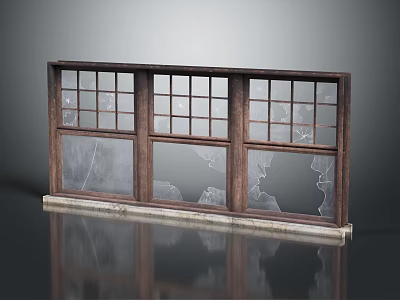 Old Vintage Wooden Window Furniture Featuring Cracked Glass And Worn Frame 3d model
