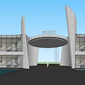 Modern Commercial Street With Curved Structure Glass Curtain Walls Entrance Design And Water Features