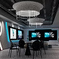Modern Showroom Interior With Neon Blue Lighting Circular Ceiling Lights Transparent Furniture And Large Screens