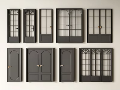 Dark Gray Double Doors Collection With Arched Glass Panels And Various Styles 3d model