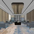 Elegant Reception Room Interior With Gray Sofas Chandelier Patterned Carpet And Wall Decor 3d model