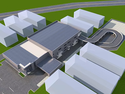 Contemporary Modern Architectural Complex With Gray Roof White Buildings Road And Green Area 3d model