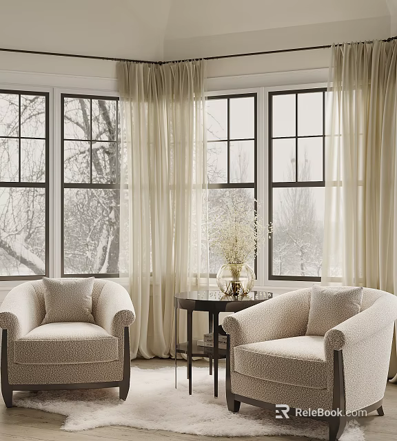 Cozy Leisure Sofa Set With Two Armchairs Side Table Flower Vase Curtains And Windows 3d model 