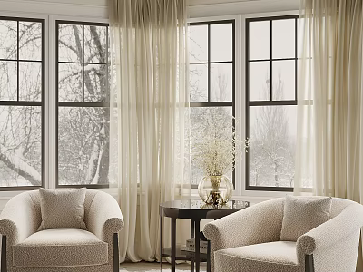 Cozy Leisure Sofa Set With Two Armchairs Side Table Flower Vase Curtains And Windows 3d model