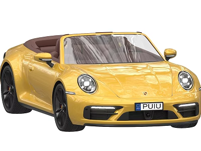 Yellow Convertible Sports Car Featuring Brown Soft Top Round Headlights And Black Wheels 3d model