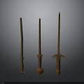 Three Ancient Wooden Weapons With Decorative Handles And Long Shafts