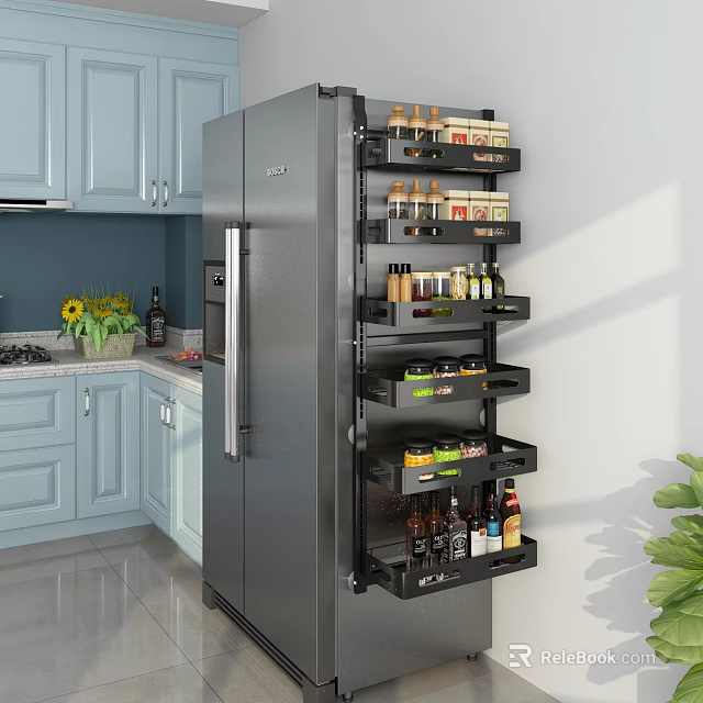 Kitchen Refrigerator Side Pantry Rack With Tiered Shelves Holding Spice Jars And Organized Storage 3d model 