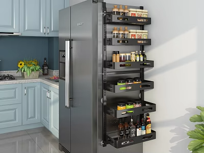 Kitchen Refrigerator Side Pantry Rack With Tiered Shelves Holding Spice Jars And Organized Storage 3d model
