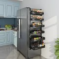 Kitchen Refrigerator Side Pantry Rack With Tiered Shelves Holding Spice Jars And Organized Storage