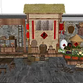 Traditional Chinese Rural Scene With Thatched Roof Red Couplets Fu Character Farm Tools And Vegetables
