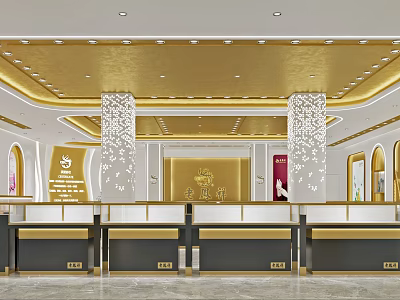 Elegant Jewelry Store Interior Design With Gold Ceiling Decorative Pillars And Display Counters 3d model