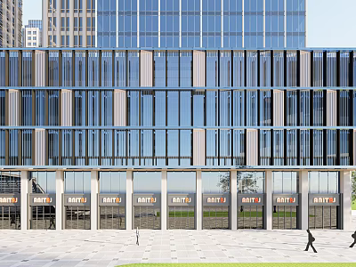 Modern Office Building With Glass Curtain Wall Vertical Striped Facade And Pedestrian Plaza Entrance 3d model