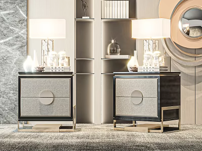 Two Elegant Modern Nightstands With Table Lamps Drawer And Metal Legs Design 3d model