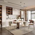 Modern Restaurant Interior With Dining Table Chairs Pendant Lights Cabinets And Large Windows 3d model