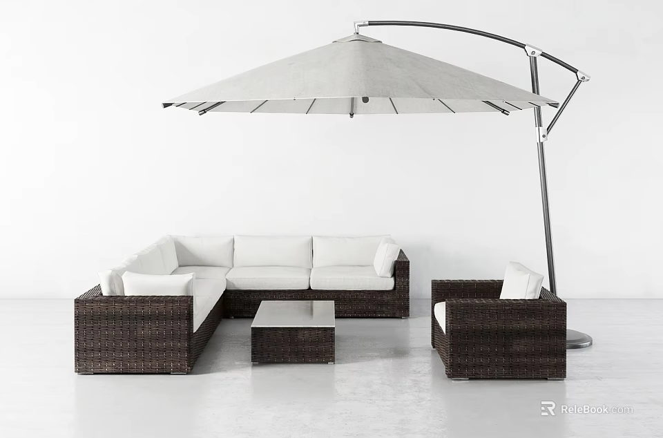Wicker Outdoor Sofa with White Cushions Coffee Table and Sunshade Umbrella 3d model 