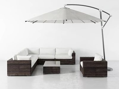 Wicker Outdoor Sofa with White Cushions Coffee Table and Sunshade Umbrella 3d model