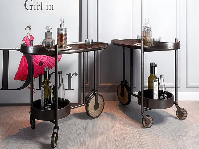 Vintage Bar Carts With Decorative Bottles And Wheels In Dior Poster Background 3d model