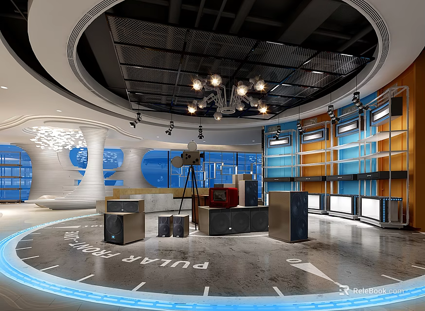 Modern Exhibition Space With Circular Floor Ceiling Lights And Display Shelves 3d model