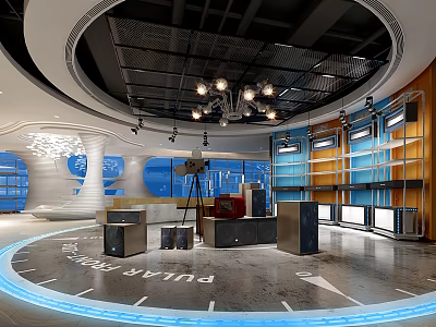 Modern Exhibition Space With Circular Floor Ceiling Lights And Display Shelves 3d model