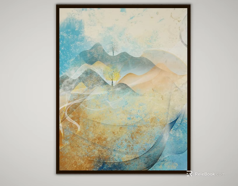 Abstract Painting with Abstract Mountains Single Tree Soft Colors Modern Framed Wall Art Decor 3d model 